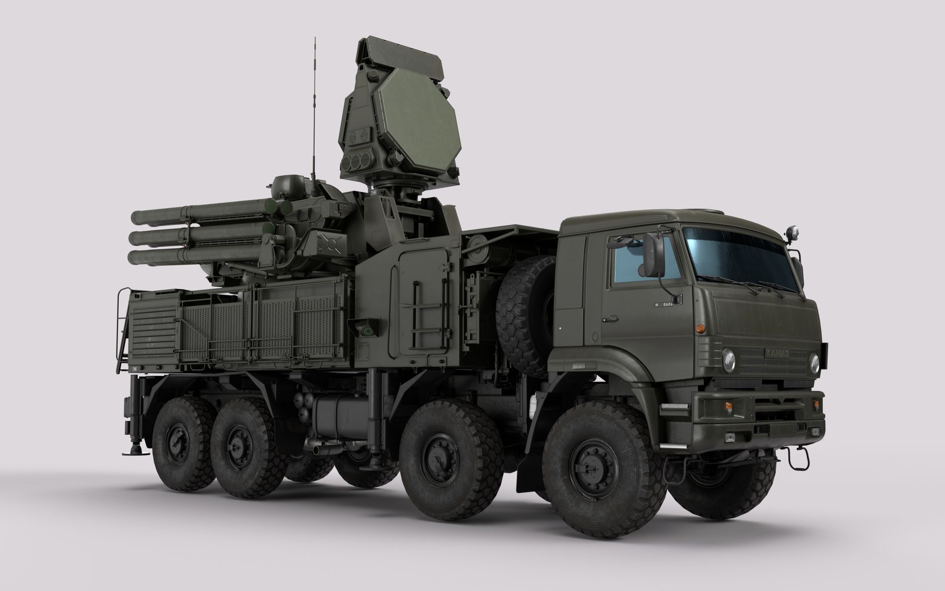 Militärfahrzeug mit Radar- und Waffensystem im Studio